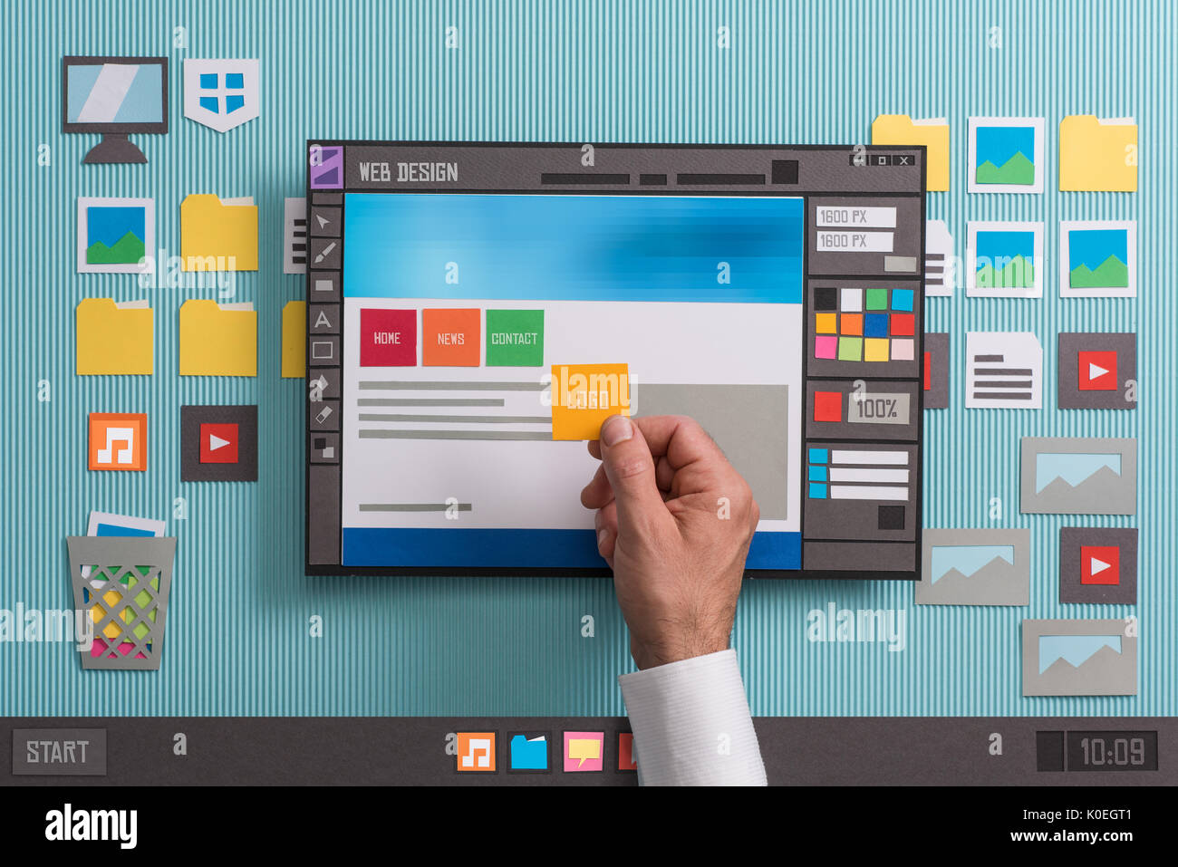 Rédaction web designer web templates et mises en page web à l'aide d'un logiciel professionnel, collage et coupe papier composition Banque D'Images