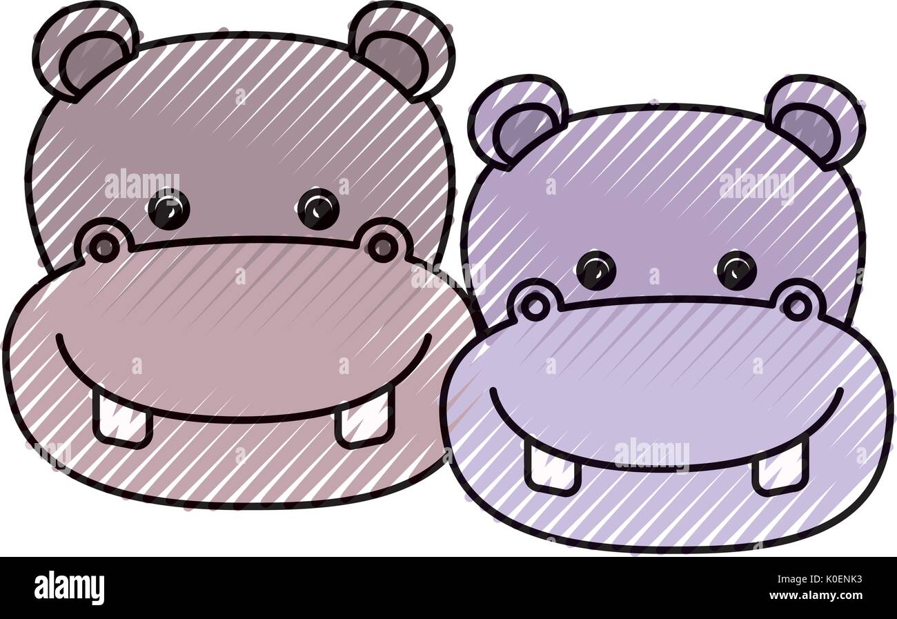Crayon couleur caricature couple silhouette visage animal mignon hippopotame Illustration de Vecteur