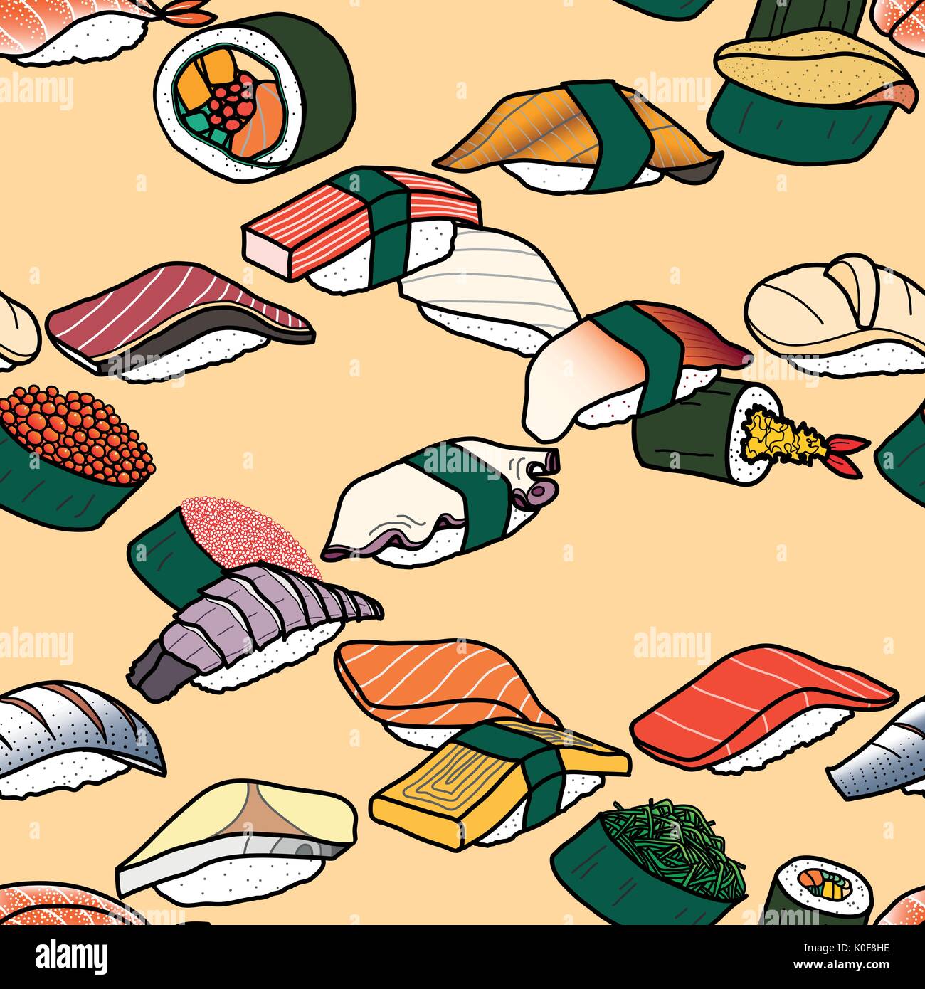 Sushi coloré tissu lignes partout ensemble en rose pastel arrière-plan. cute Japanese food illustration style dessiné à la main. Une patterm. Illustration de Vecteur