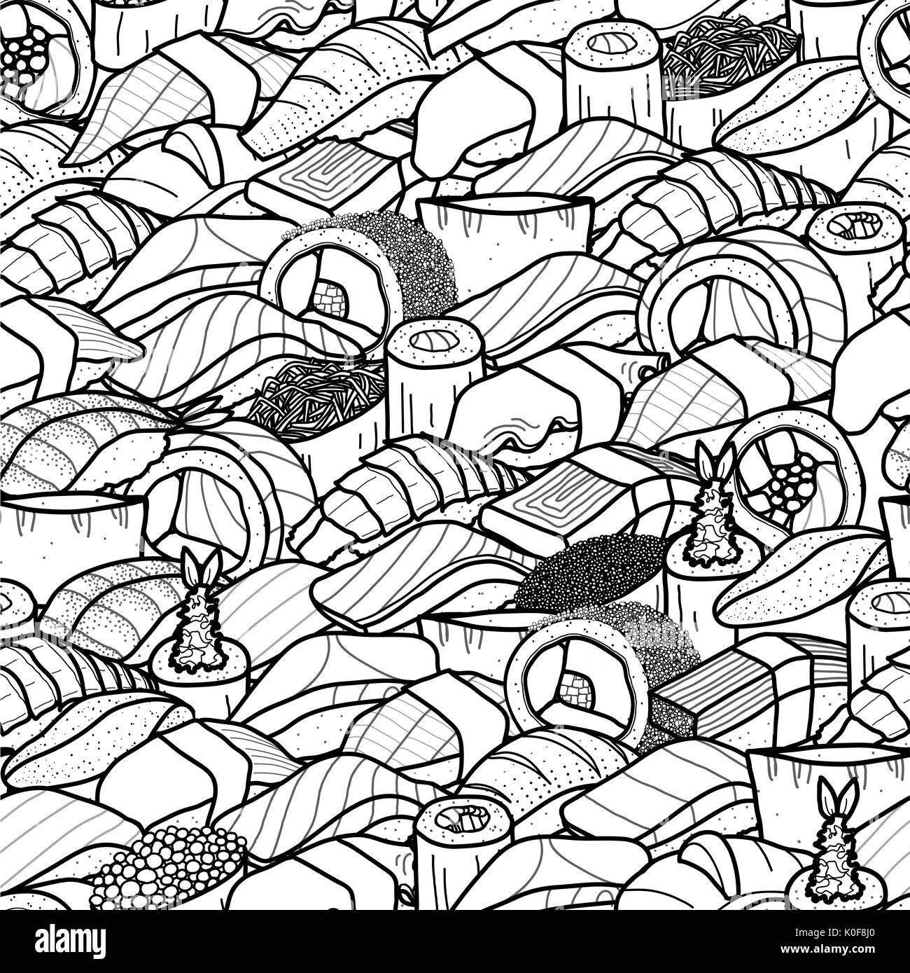 Beaucoup de sushi et de rouleaux d'alimentation japonais mignon. illustration hand drawn seamless pattern style.. Illustration de Vecteur