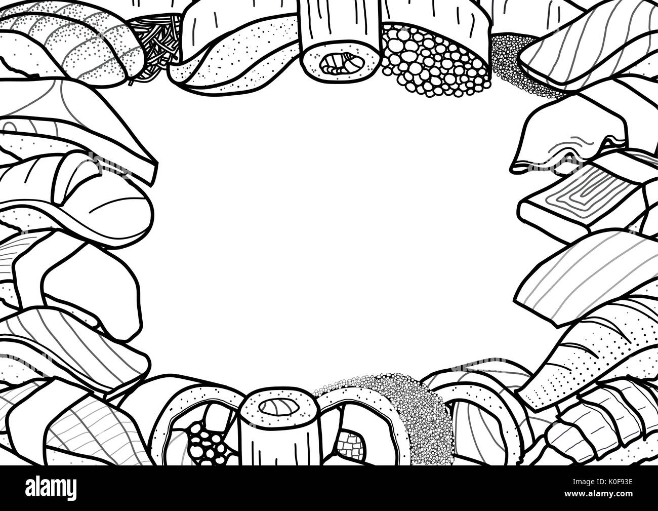 La conception d'arrière-plan avec sushi autour du bord en noir et blanc style du contour vide de l'espace pour le texte au milieu. cute Japanese food illustration part Illustration de Vecteur