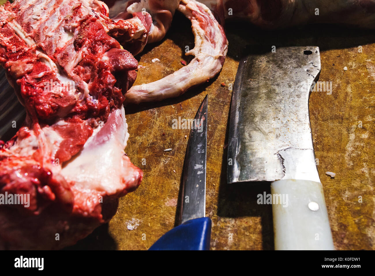 Bloc de boucher avec freshly sliced ​​Meat Banque D'Images