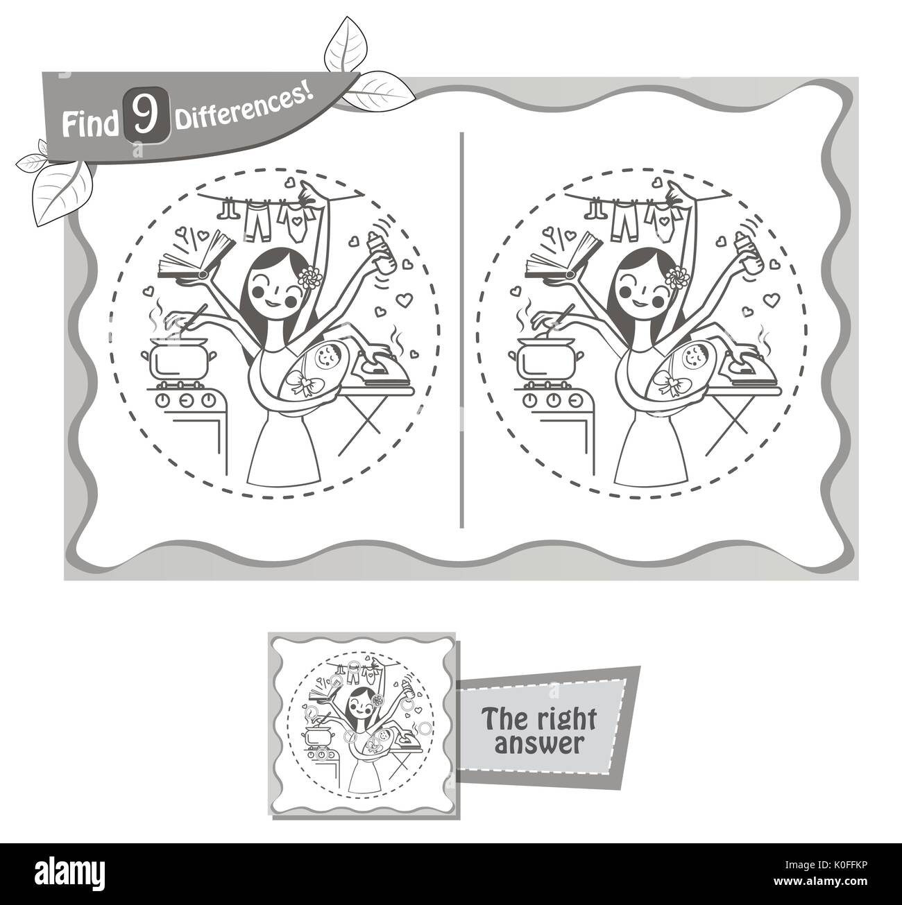 Jeu visuel pour les enfants et les adultes. Tâche de trouver 9 différences dans l'illustration à la commission scolaire. vector illustration noir et blanc Illustration de Vecteur