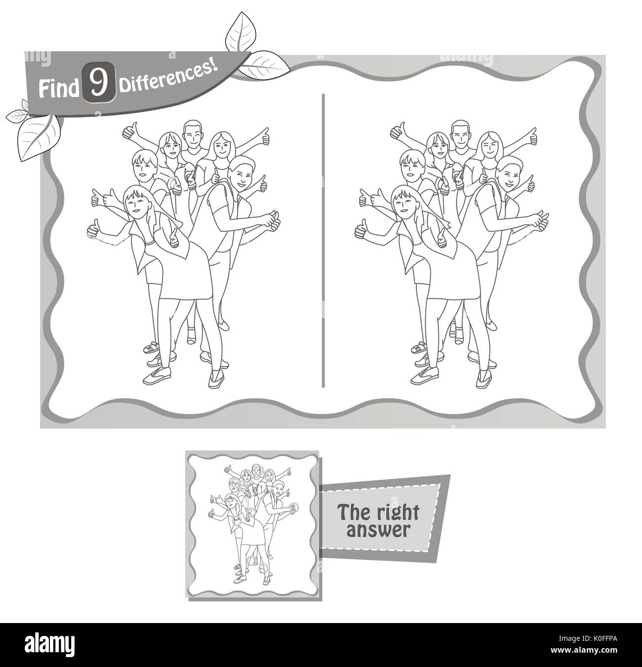 Jeu visuel pour les enfants et les adultes. Tâche de trouver 9 différences dans l'illustration à la commission scolaire. vector illustration noir et blanc Illustration de Vecteur