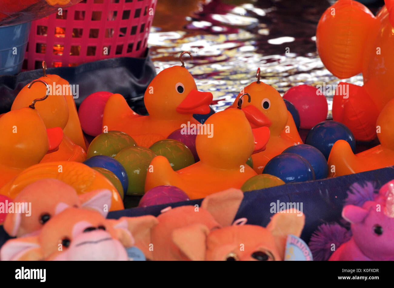 Canards en caoutchouc dans une piscine sur un crochet un canard jaune en plastique stand de foire et de couleur modèle jouet canards dans l'eau raccordement jeux fun prix chances canards Banque D'Images