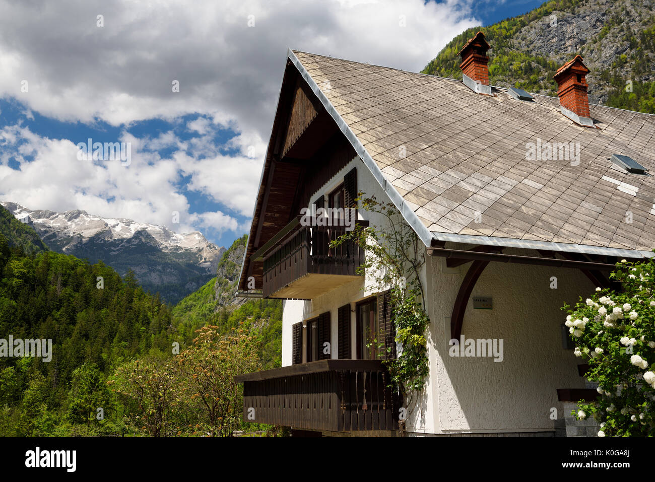 Appartement 3 étoiles guest house en village alpin de Trenta avec Srebrnjak snowy Peak dans le parc national du Triglav Alpes Juliennes Slovénie Banque D'Images