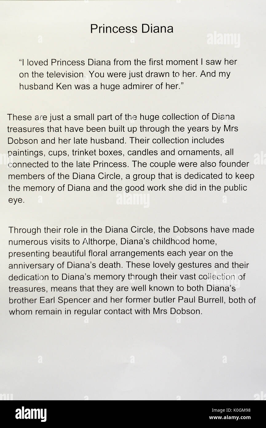 Une Carte D Information Avec Une Citation De Jo Dobson Qui A Fait Don De Certains De Ses Souvenirs De La Vie De Diana Gloucester Musee Ou Une Exposition De Diana Princesse De