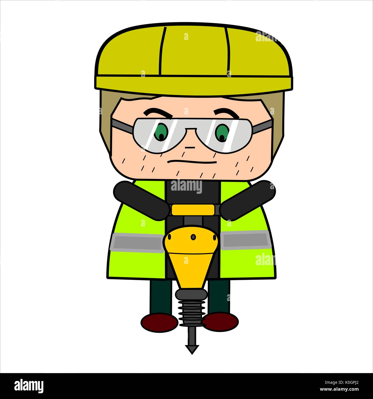 Dessin animé amusant ou travailleur de la construction de la route avec marteau pneumatique, Veste haute visibilité, casque et lunettes de sécurité. Illustration de Vecteur