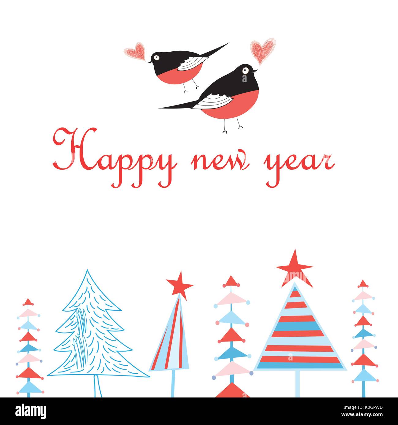Année Nouvelle carte de vœux en amour avec bullfinches et nouvel an des arbres sur un fond blanc Illustration de Vecteur