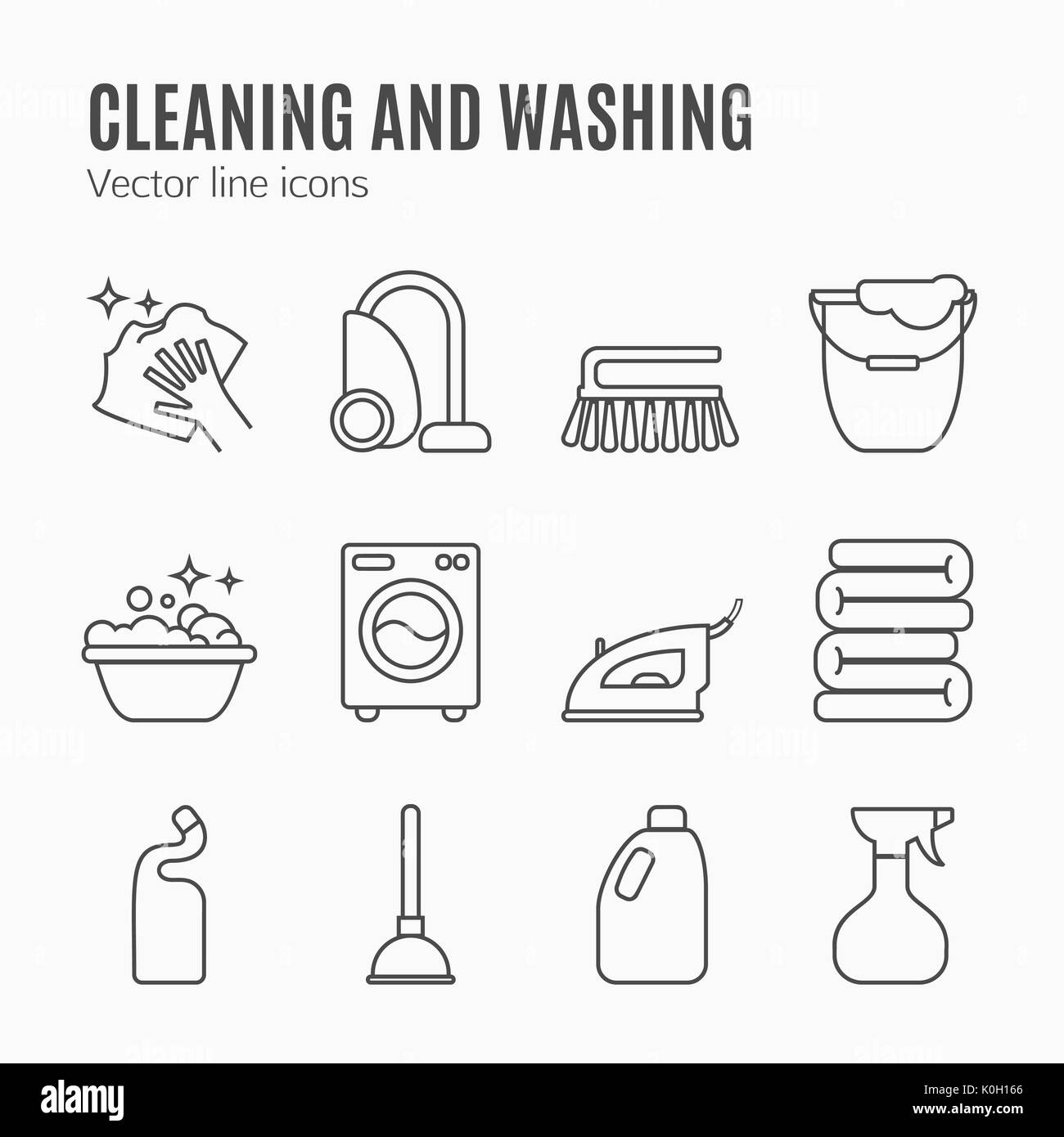 Nettoyer, laver les icônes de ligne. Lave-linge, d'une éponge, d'une vadrouille, fer à repasser, aspirateur, d'une pelle et d'une autre icône de nettoyage. L'ordre à la Chambre pour c signes linéaires minces Banque D'Images