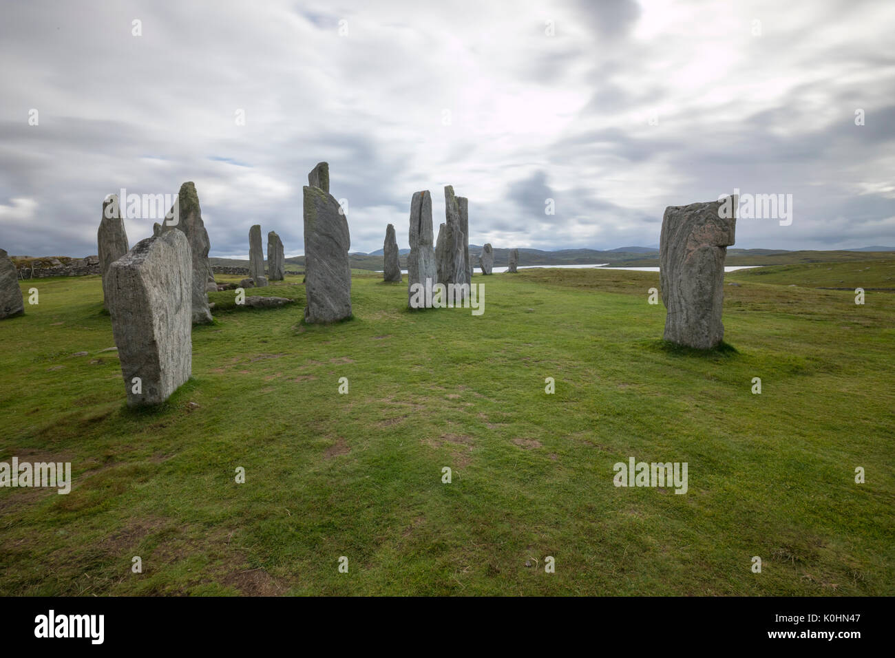 Callanish Standing Stones dans un jour nuageux, , pierres placées dans un motif cruciforme avec un cercle central en pierre, Callanish, Ecosse, Royaume-Uni Banque D'Images