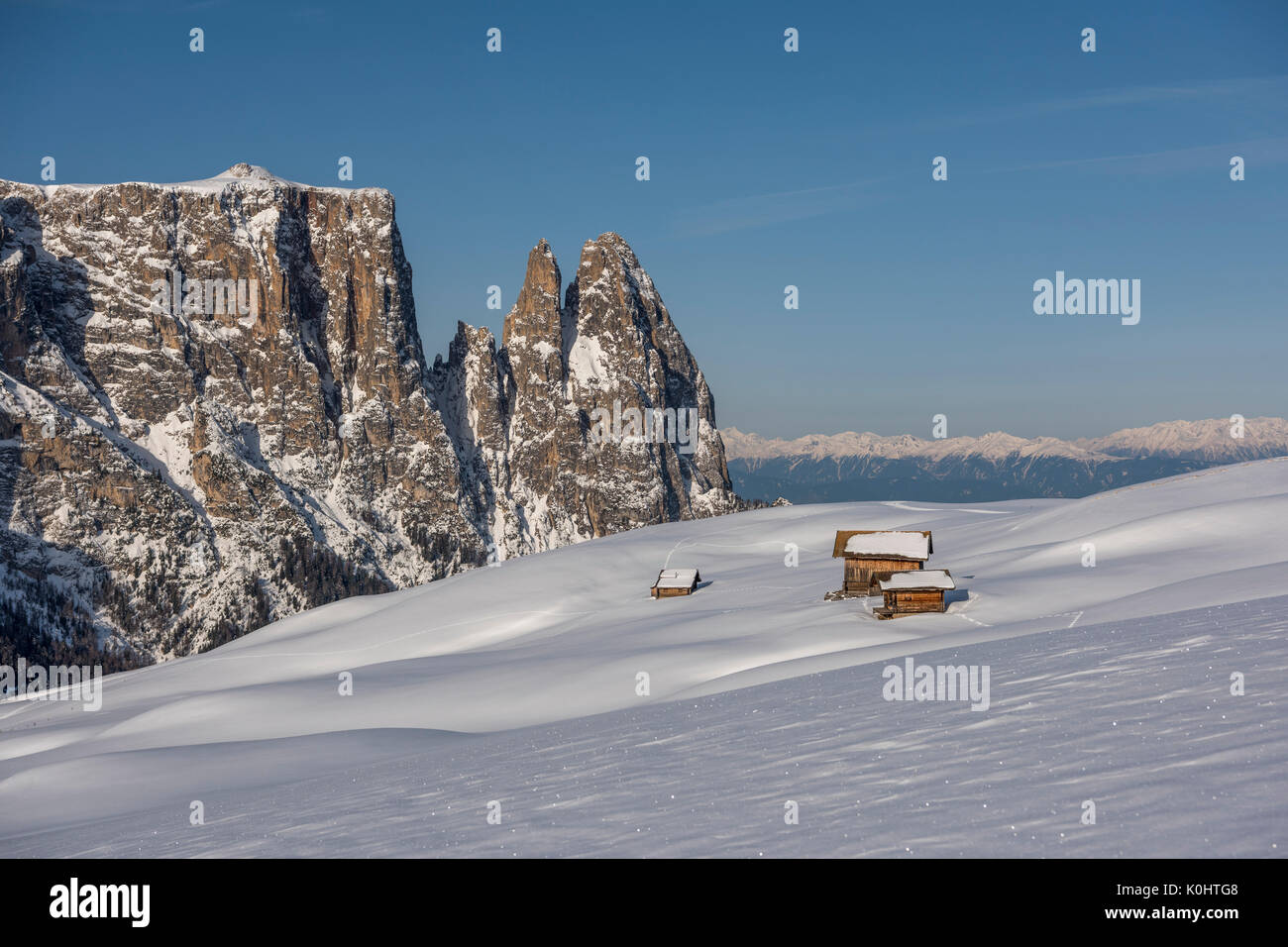 Alpe di Siusi / Seiser Alm, Dolomites, Tyrol du Sud, Italie. Paysage d'hiver sur l'Alpe di Siusi / Seiser Alm aux pics de Sciliar / Sciliar, Euringe Banque D'Images