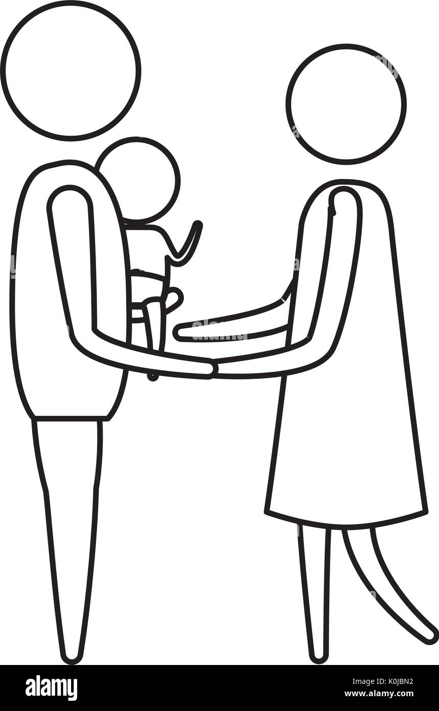 Croquis silhouette de pictogrammes homme portant un bébé et tenir la main de femme en robe Illustration de Vecteur