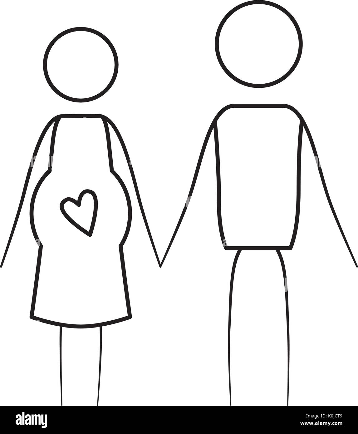 Contour mince esquisse de pictogramme femme Grossesse et tenant la main de l'homme dans des vêtements Illustration de Vecteur
