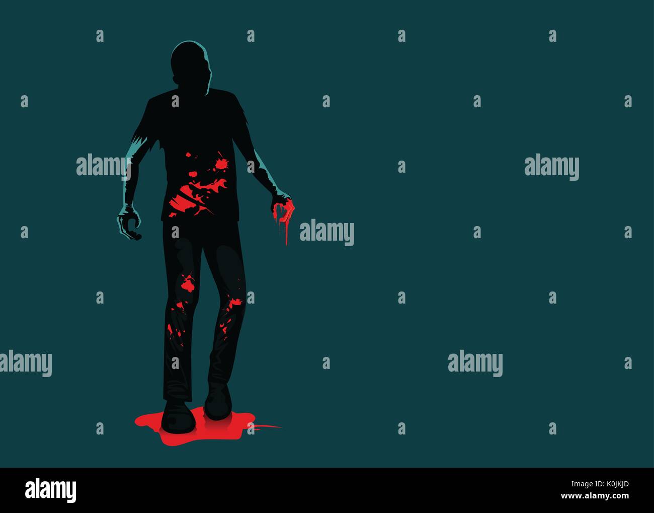 Zombie silhouette debout sur le sang. Illustration de Vecteur