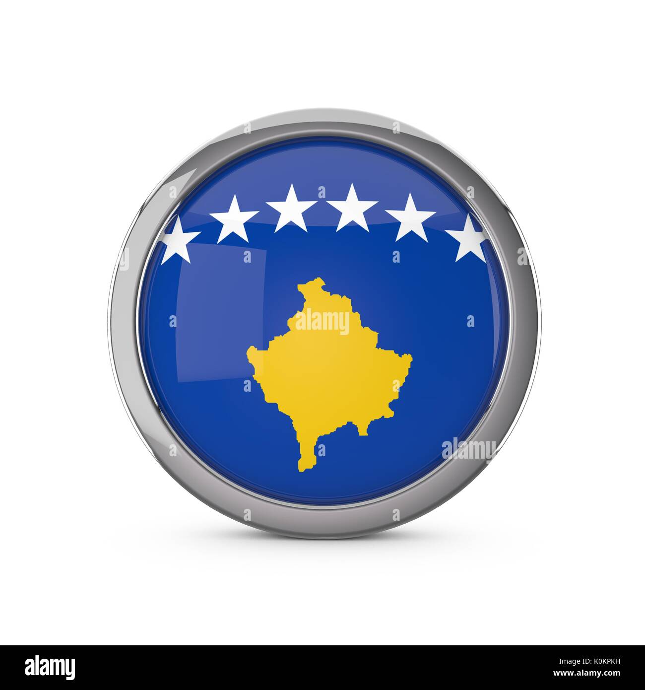 Drapeau national du Kosovo dans un cercle brillant avec cadre chrome. Le Rendu 3D Banque D'Images