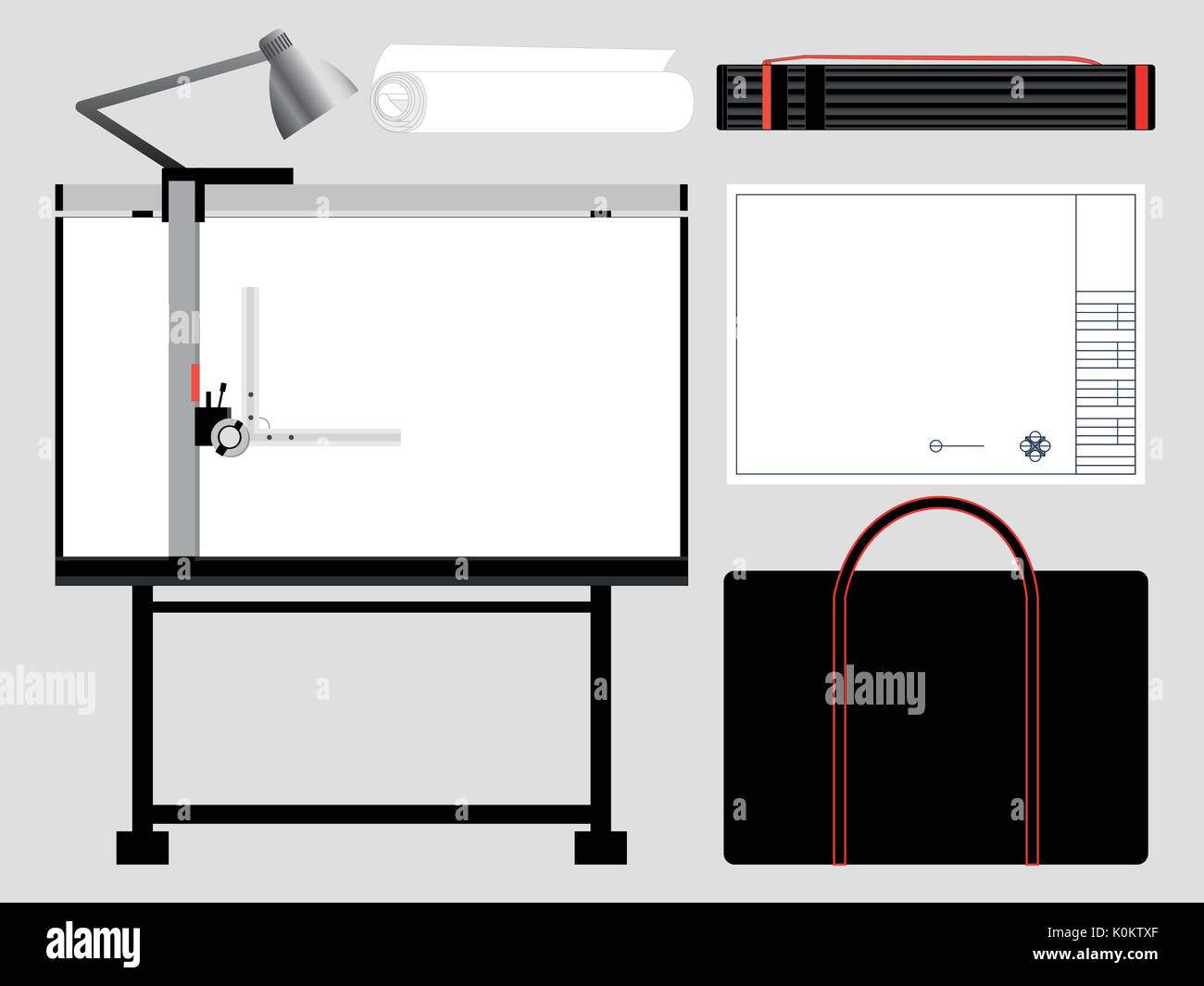Ensemble d'outils de l'architecte isolé, table à dessin. vector illustration. Illustration de Vecteur