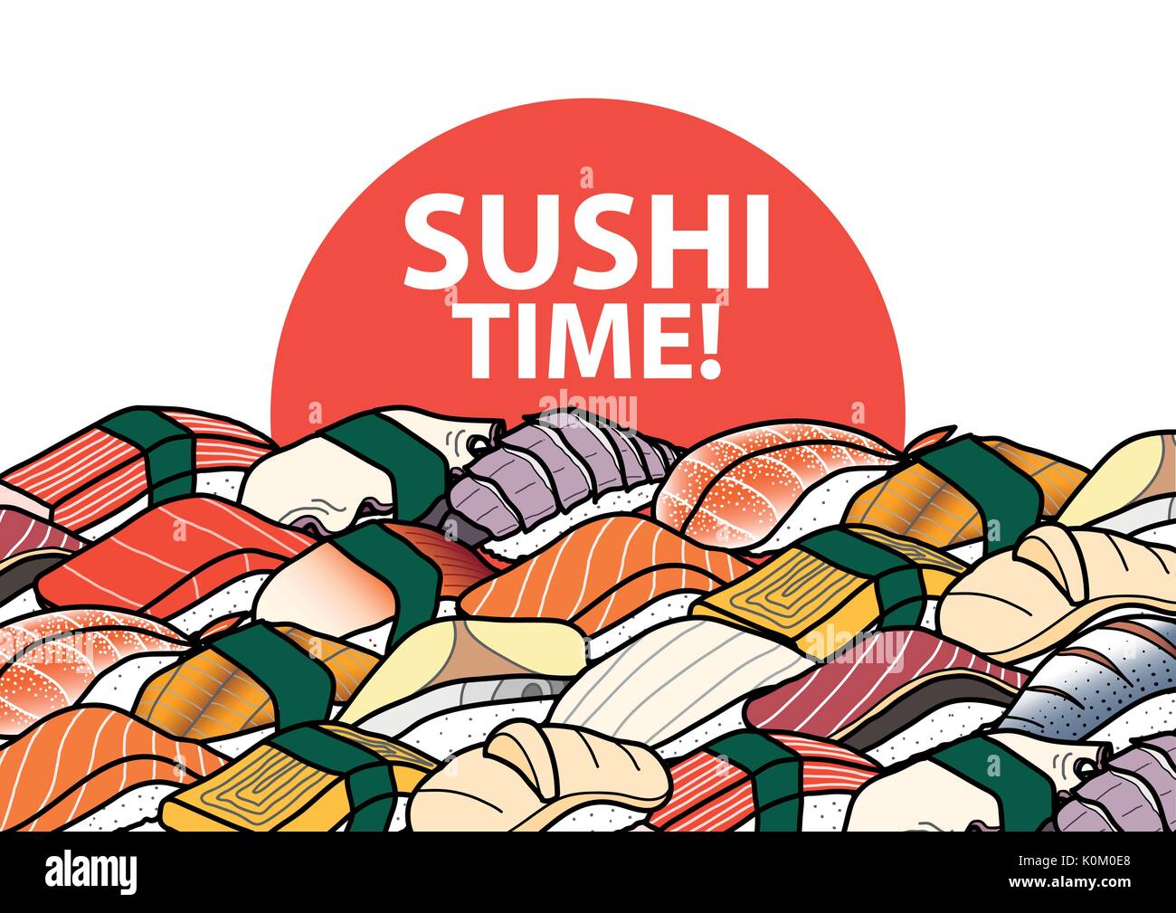 Beaucoup de sushis colorés avec soleil rouge et texte sur fond blanc pour poster, couverture, plaques de papier mat ou menu. cute Japanese food illustration part led Illustration de Vecteur