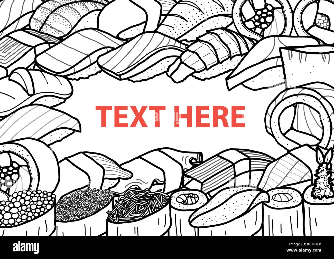 Beaucoup de sushis dans contour noir avec du texte aléatoire au centre sur fond blanc. couvrir, poster ou plaques de papier mat design. cute Japanese food illus Illustration de Vecteur