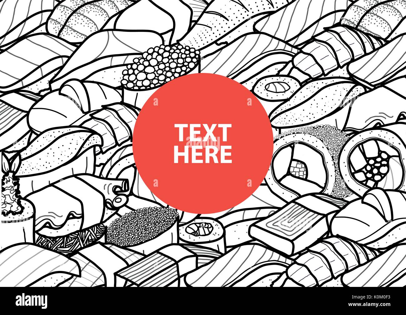 Cercle rouge avec texte au centre de beaucoup de sushi et rouler dans contour noir et blanc avion. couvrir, poster ou plaques de papier mat. design mignon japane Illustration de Vecteur