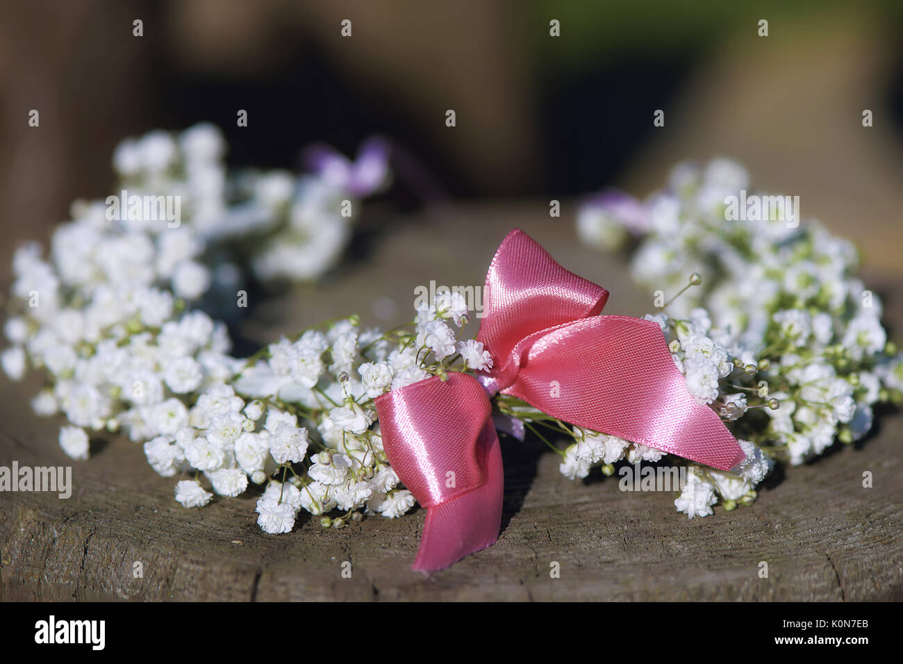 Suite Nuptiale couronne de fleurs de gypsophile avec petit noeud rose fixé sur une souche d'arbre, thème de mariage minimaliste rustique avec une faible profondeur de champ Banque D'Images