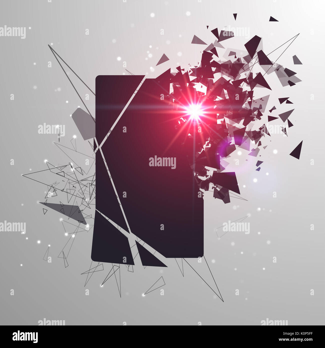 L'écran du téléphone fissuré se brise en morceaux. Smartphone brisé split par l'explosion. Écran du téléphone en éclats. Gadget moderne a besoin d'être réparé. Banque D'Images