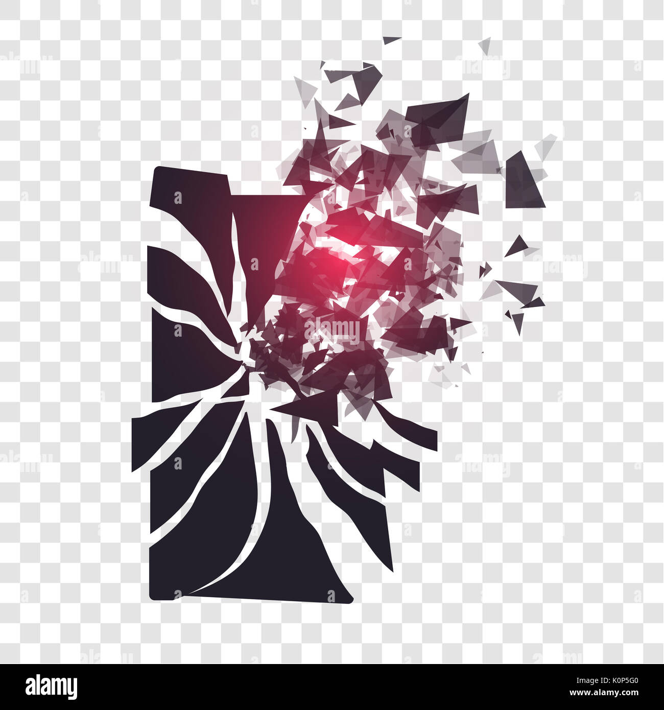 L'écran du téléphone fissuré se brise en morceaux. Smartphone brisé split par l'explosion sur fond transparent. Écran du téléphone en éclats. Gadget moderne a besoin d'être réparé. Banque D'Images