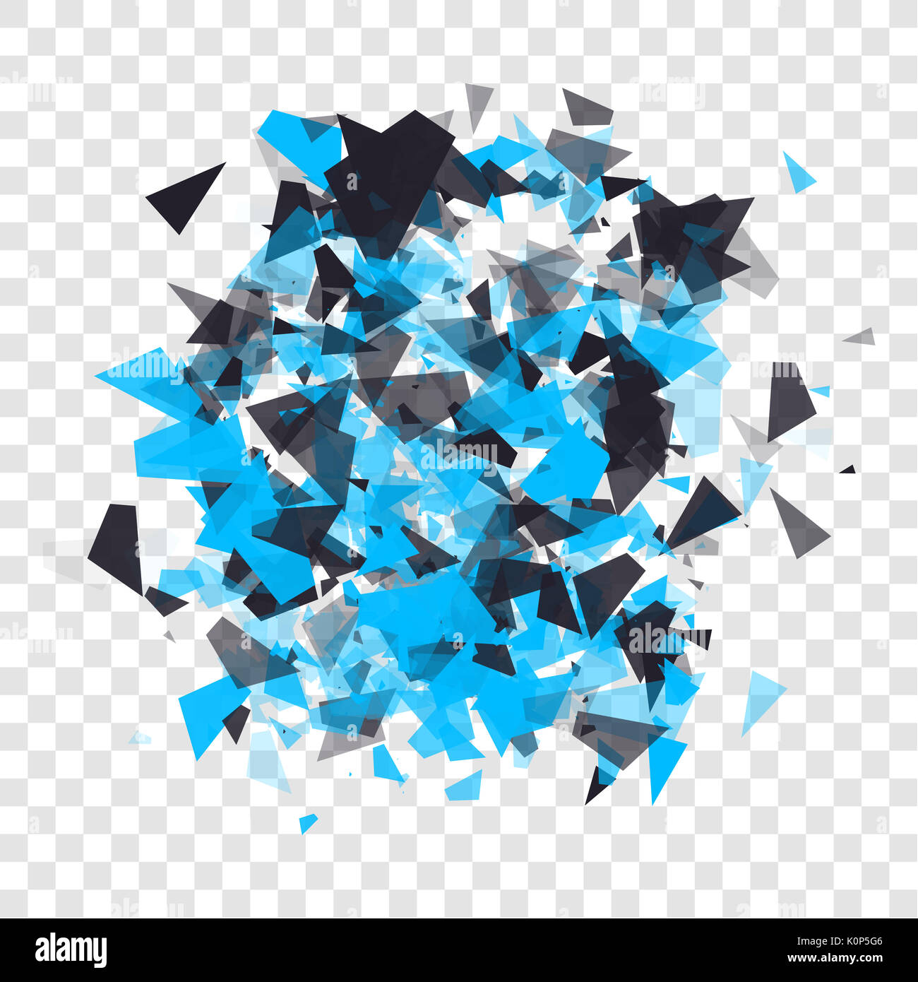 Abstract triangles particules avec ombres transparentes. Panneau publicitaire, infographie, élément de base concept showcase. Explosion de nuage noir et bleu sur fond transparent. Banque D'Images
