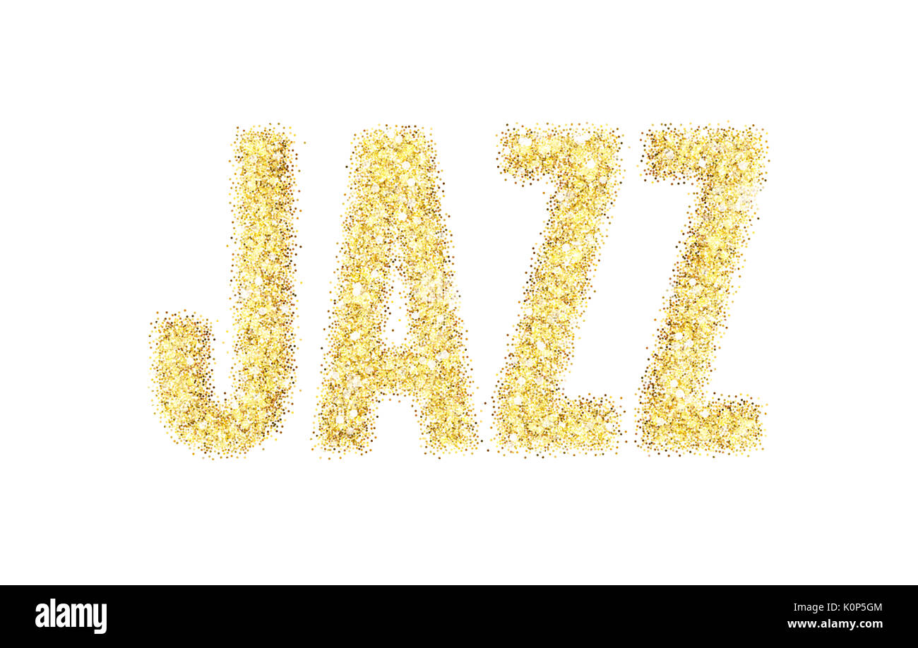 Gold glitter Inscription jazz. Sparcle jazz mot d'or sur fond blanc. Les particules d'ambre. Banque D'Images