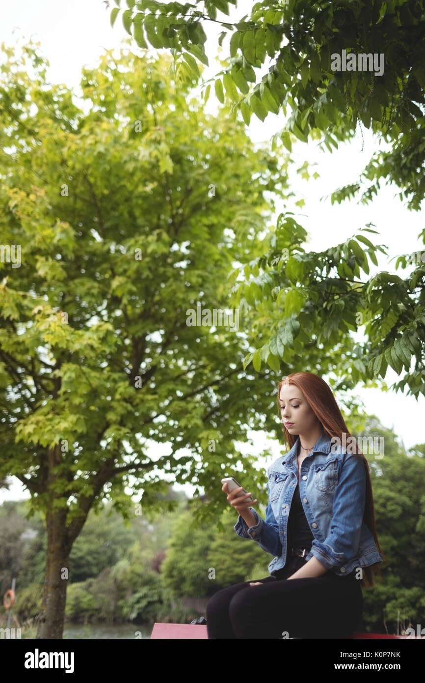 Young woman using smartphone tout en étant assis sur un banc du park Banque D'Images