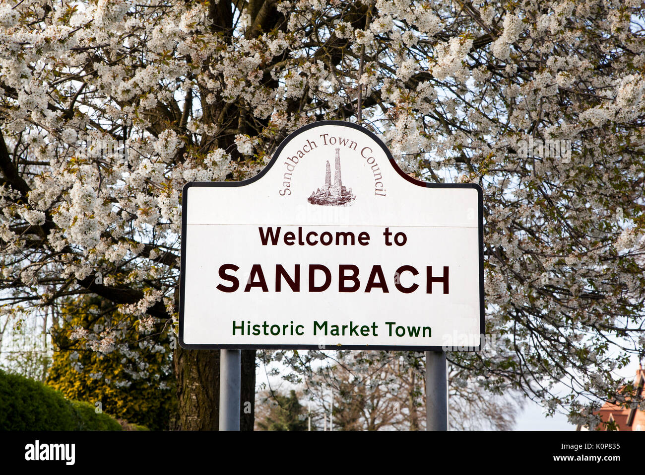 Panneau disant bienvenue à Sandbach, la ville de marché historique de Cheshire, avec une toile de fond de fleur de printemps sur les arbres Banque D'Images