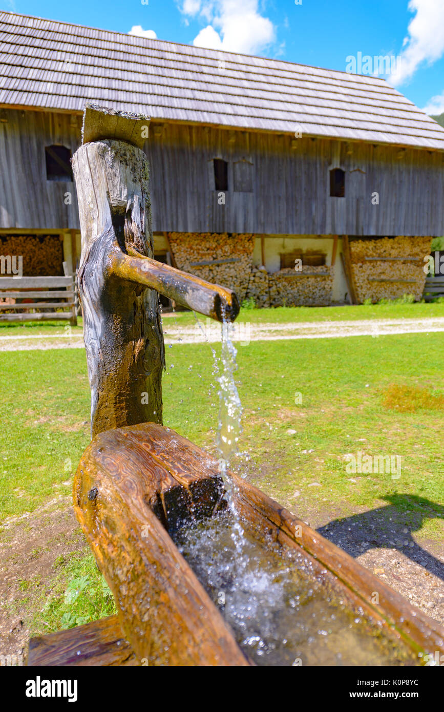 Cuve d'eau traditionnel en bois, de l'eau bien avec creux en Alpes européennes, Slovénie Banque D'Images