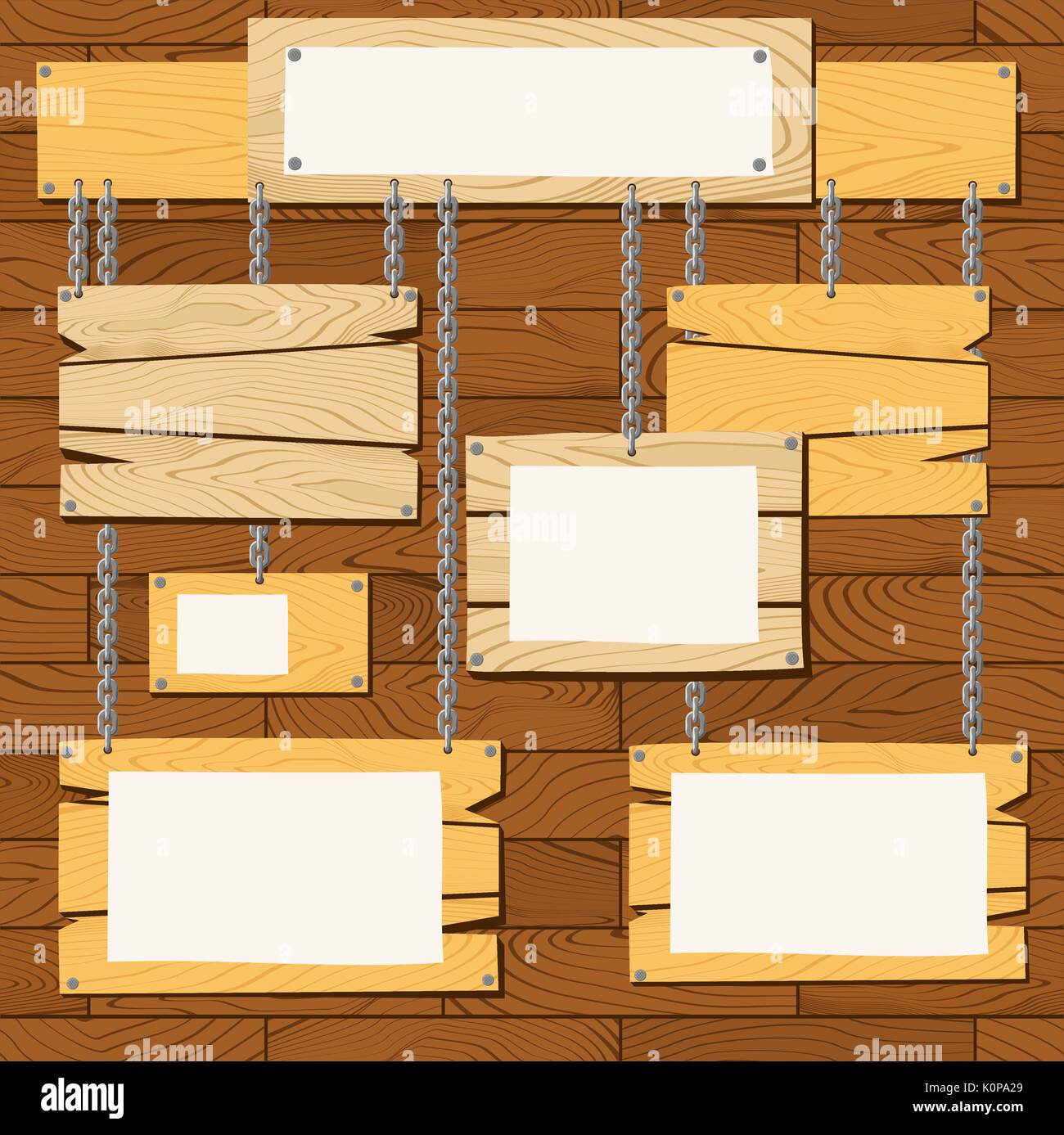 Ensemble de panneaux en bois vide accroché à l'aide de chaînes sur fond de mur en bois Illustration de Vecteur
