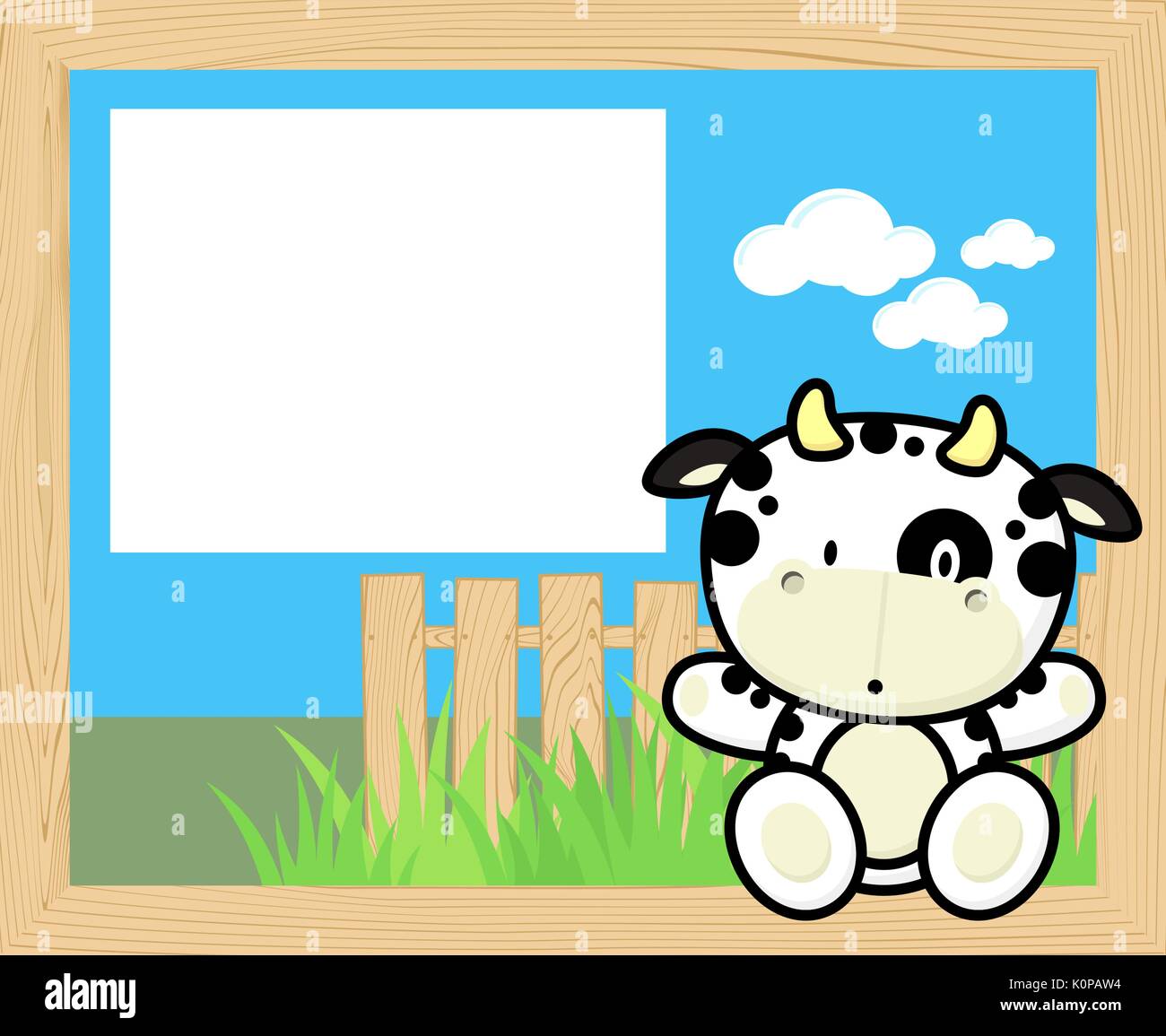 Châssis en bois avec mignon bébé vache et blank board pour copie espace, conception pour les enfants Illustration de Vecteur
