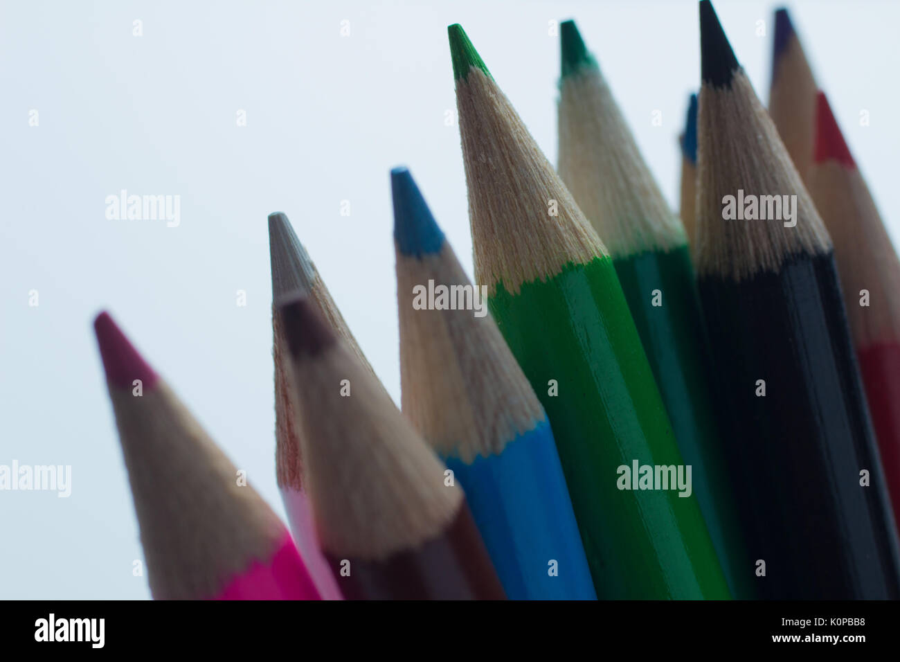 Close-up d'un groupe de crayons multicolores sur fond blanc Banque D'Images