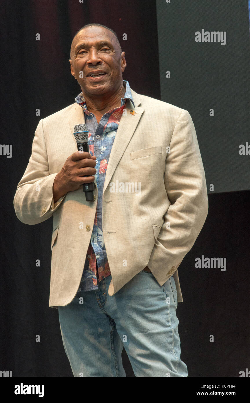 1er juillet 2017. Stuttgart, Allemagne. Acteurs américains Dirk Benedict et Herbert Jefferson Jr. durant leur "A-Team" à Comic Con. Comic Con à Stuttgart Banque D'Images