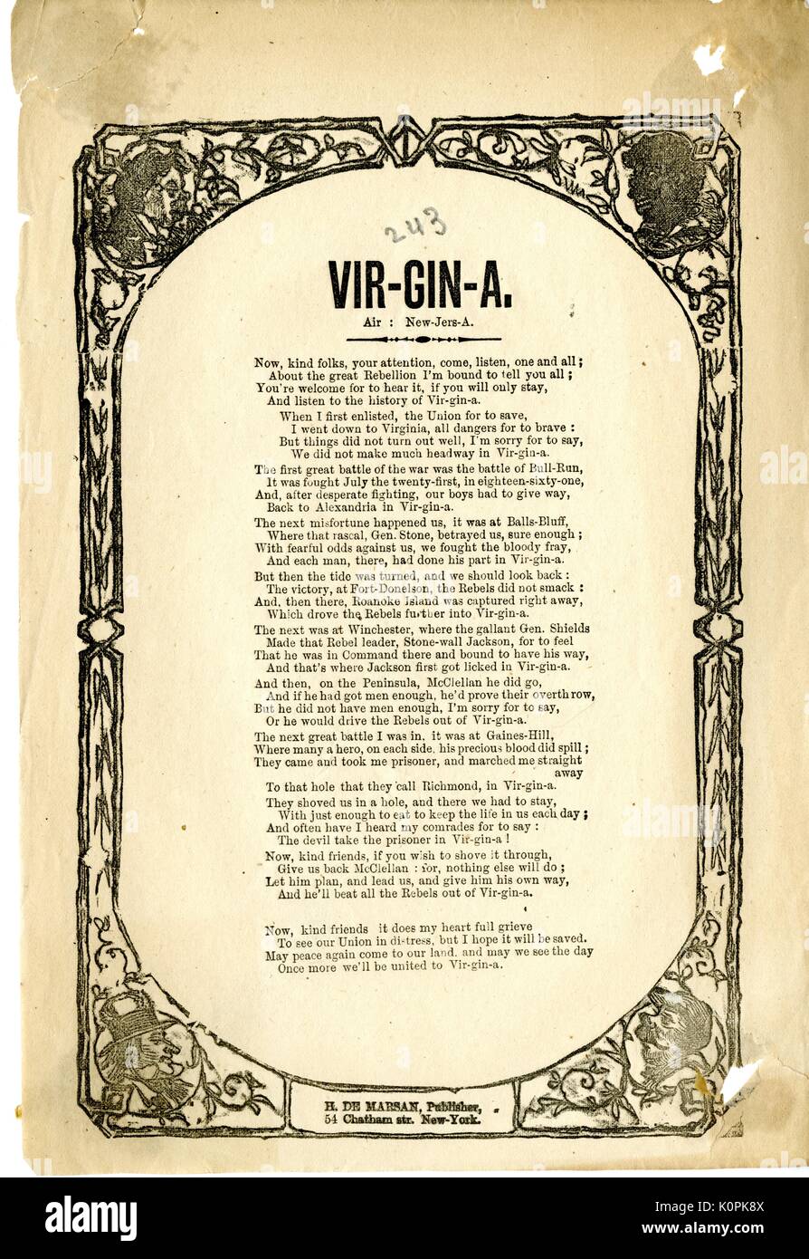 En travers de la guerre civile américaine, intitulée "Vir-Gin-A, ' d'un soldat de raconter l'histoire du siège de Richmond et appelant à la direction général George McClellan pour terminer la guerre et de restaurer la nation, New York, New York, 1864. Banque D'Images