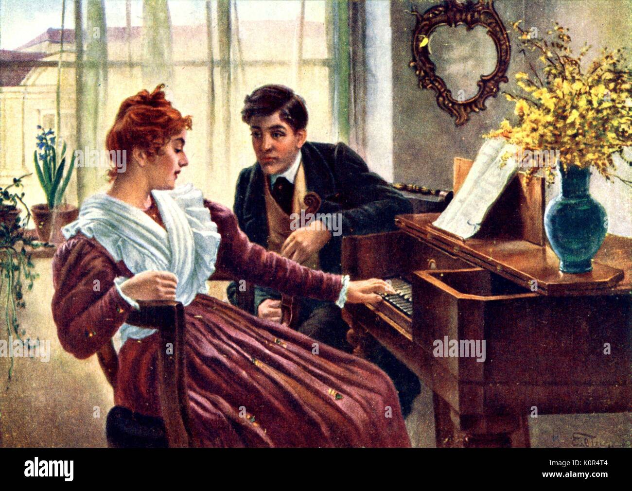 Le début d'une romance (au piano)/ le commencement d'un roman par Karl ou Carl Zewy. Peintre autrichien 1855-1929. Banque D'Images