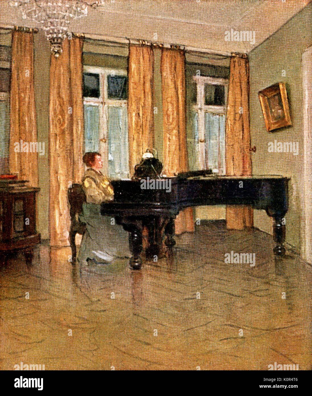 INSTRUMENTS - piano - Clavier - ART. -Piano Das Lied par H. Borchardt. (Femme pianiste dans la chambre). 19e siècle. Banque D'Images