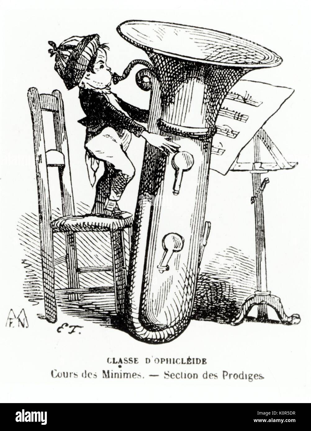 Caricature du 19e siècle français. Sous-titre suivant "Classe d'ophicléide. Cours des Minimes. Section des prodiges'. Banque D'Images