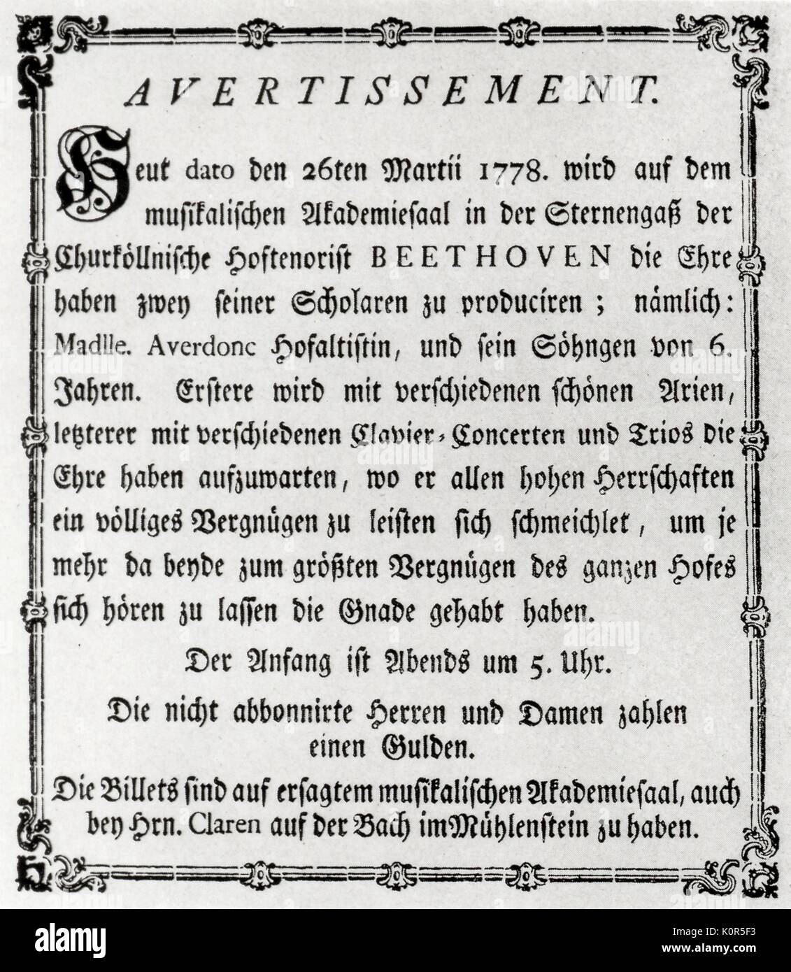 Ludwig van Beethoven - Avis de son premier concert à Koln (Cologne) le 26 mars 1778. Compositeur allemand, 17 décembre 1770 - 26 mars 1827 Banque D'Images