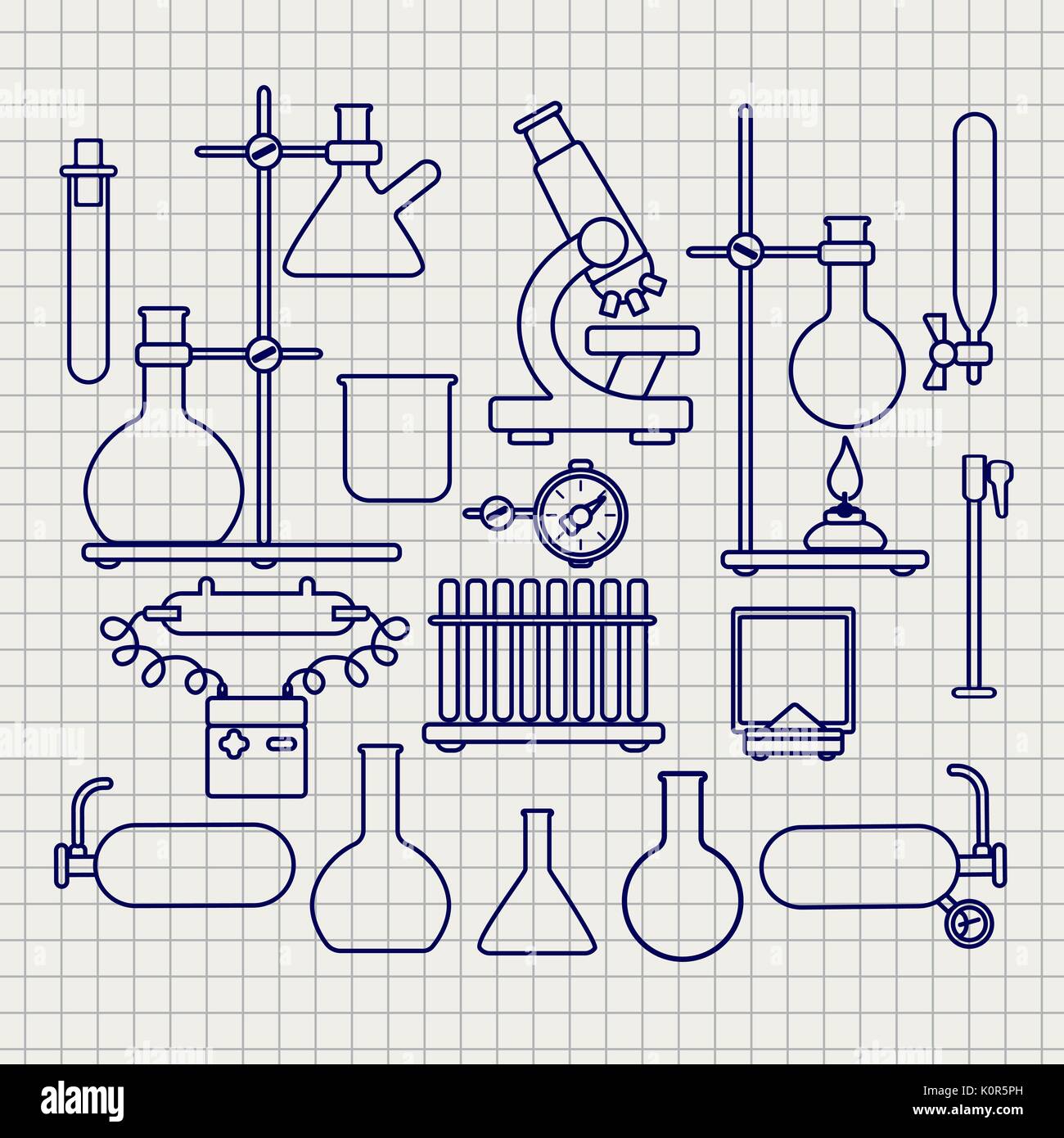 Laboratoire de chimie fine ligne icons set sur page du bloc-notes, vector illustration Illustration de Vecteur