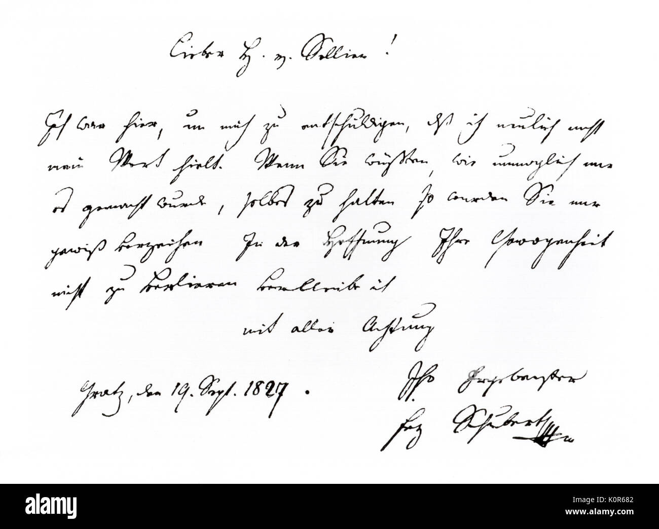 Franz Schubert - lettre à Franz Selliers de Moranville, Graz, 19 septembre 1827 avec signature - compositeur autrichien - 31 janvier 1797 - 19 novembre 1828 Banque D'Images