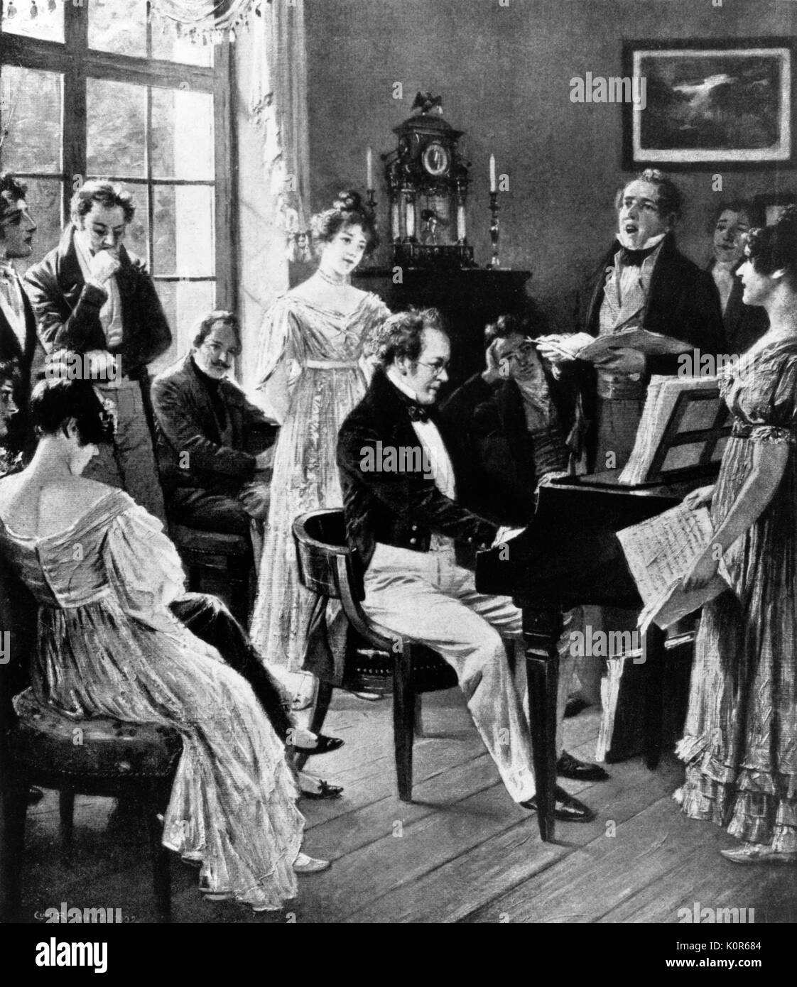 Franz Schubert - portrait avec son cercle d'amis - compositeur autrichien - après Carl Rohling - Schubert accompagne Vogl, un ténor - 31 janvier 1797 - 19 novembre 1828 Banque D'Images