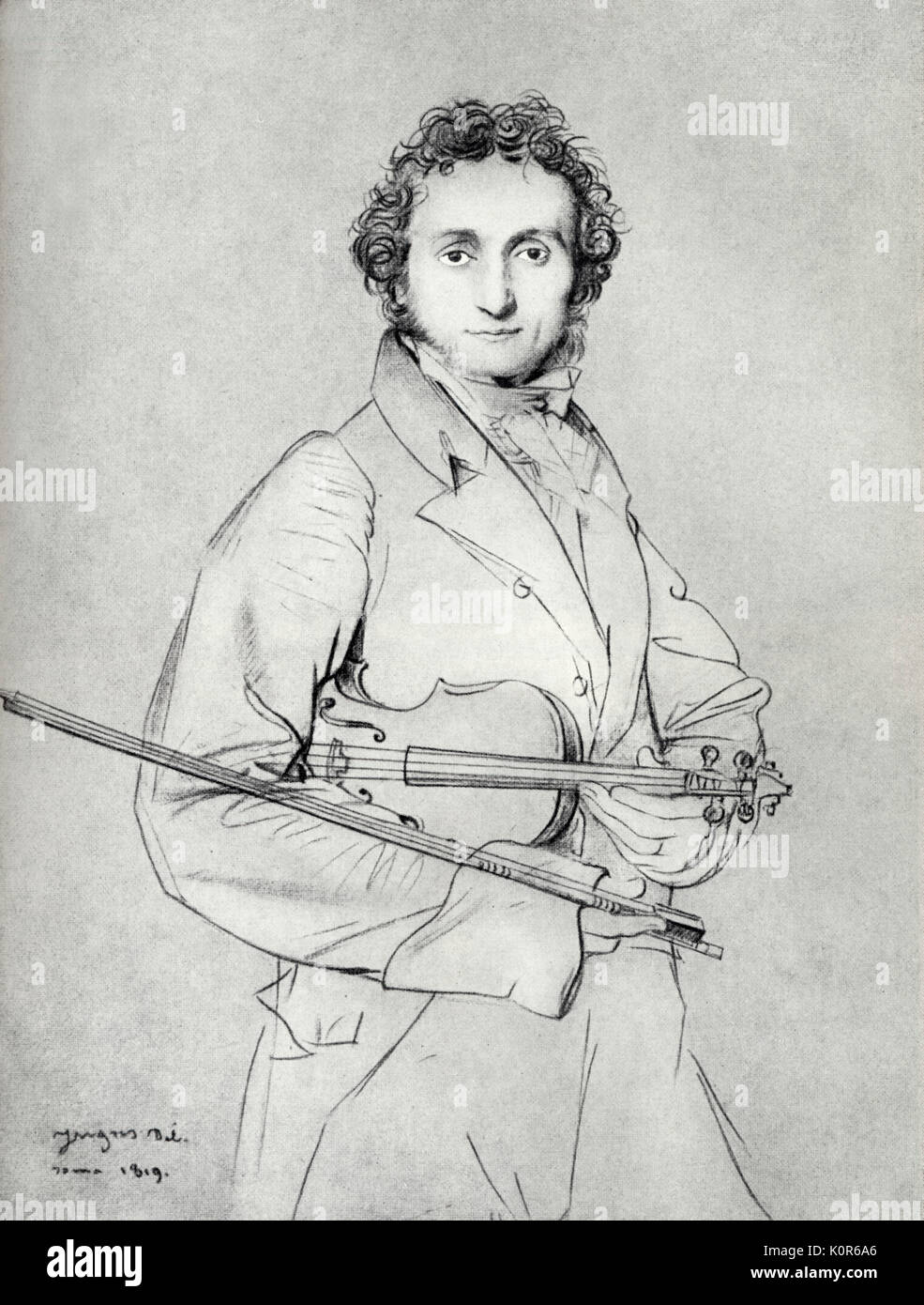 Niccolo Paganini avec son violon d'Ingres 1819 dessin au crayon. Le violoniste et compositeur italien (1782-1840) Banque D'Images