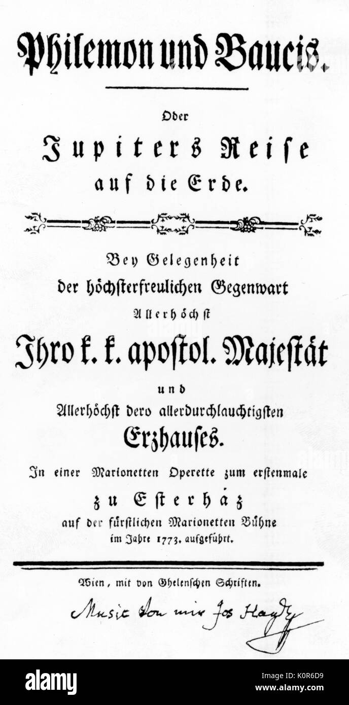 HAYDN, FRANZ JOSEPH ( compositeur autrichien. Philémon et Baucis page titre par Haydn Haydn d'Esterhaza tandis qu'à la signature au bas. Banque D'Images