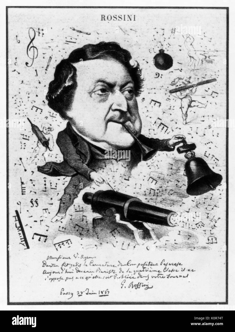 A. Gioacchino Rossini caricature de Mailly 1867 - faire de la musique avec canon, cloches a paru dans le hanneton. Compositeur italien, 29 février 1792 - 13 novembre 1868. Banque D'Images