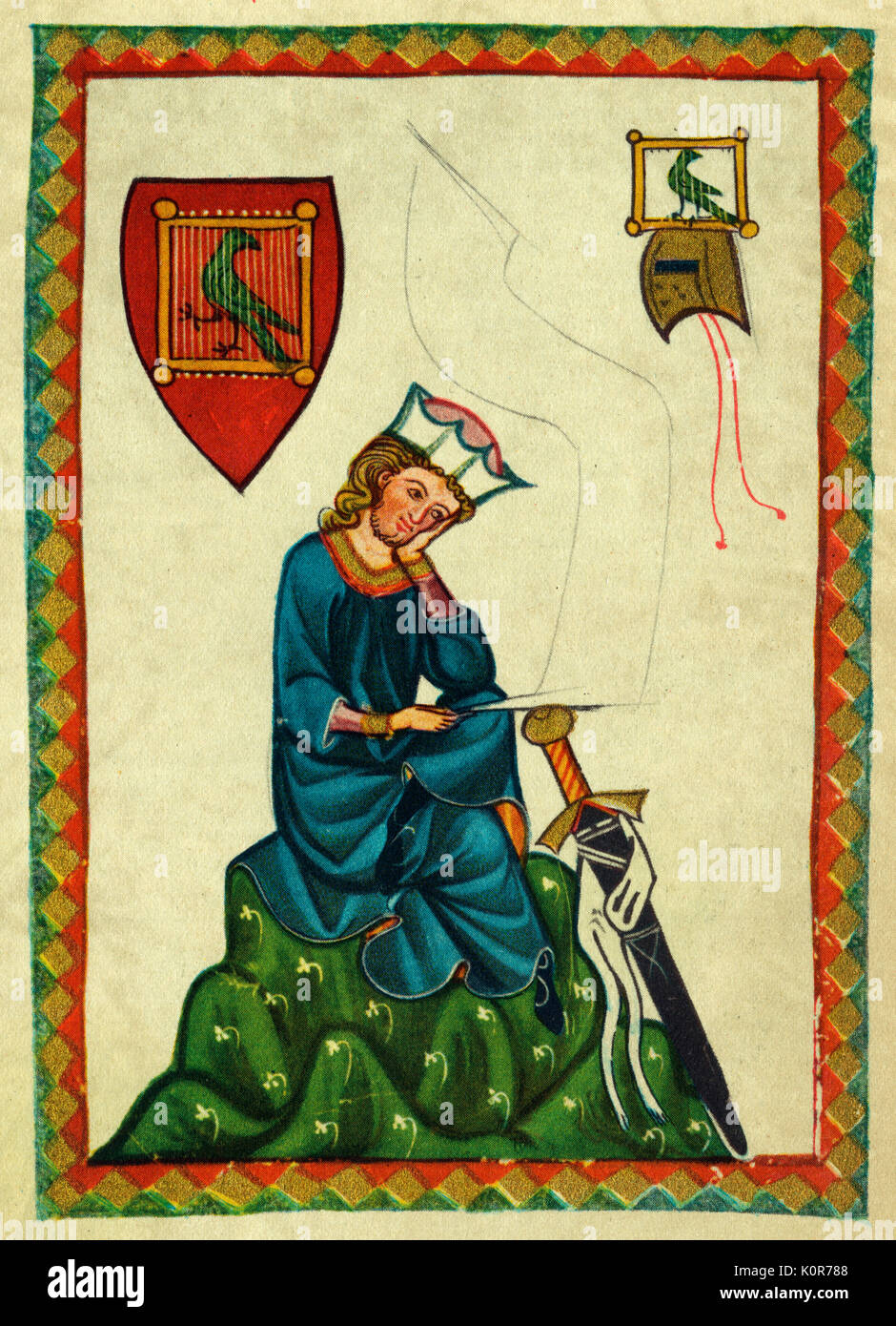 Walther von der Vogelweide - portrait de l'Minnesinger, ou l'amour courtois allemand médiéval poète. Illustration à partir de la Commission du Codex Manesse, autour de 1300. c. 1170 - 1230. Minnesang. Minnesänger. Mittelhochdeutsch. Moyen haut allemand. Knight. La Chevalerie. L'Illumination. Banque D'Images