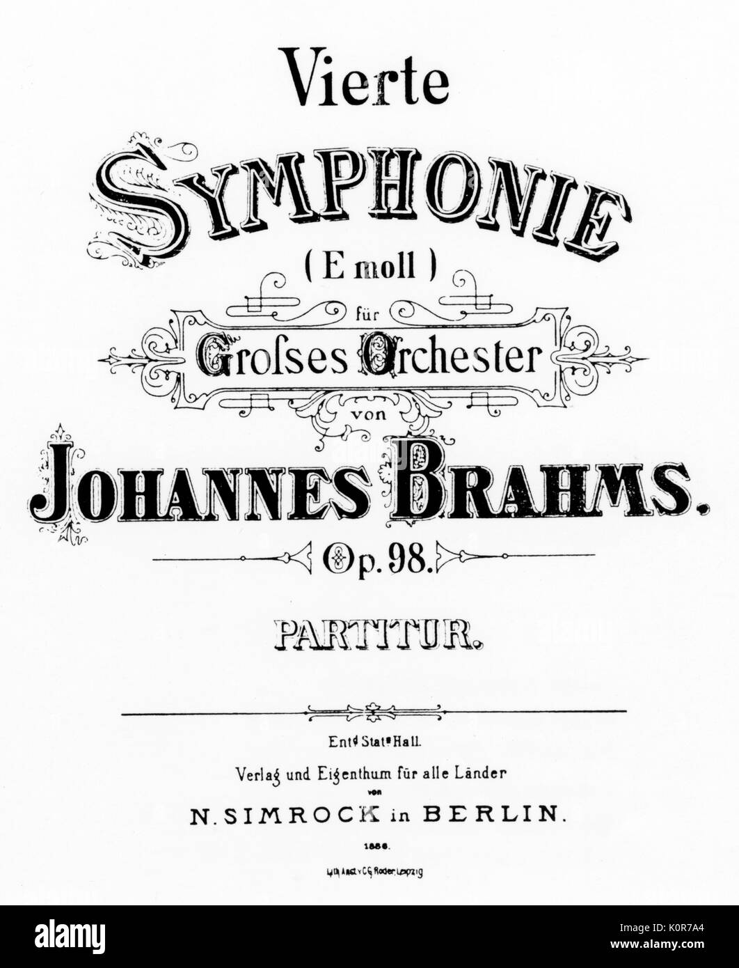 BRAHMS - page de titre du 4ème Symphonie Op.98 compositeur allemand (1833-1897) Banque D'Images