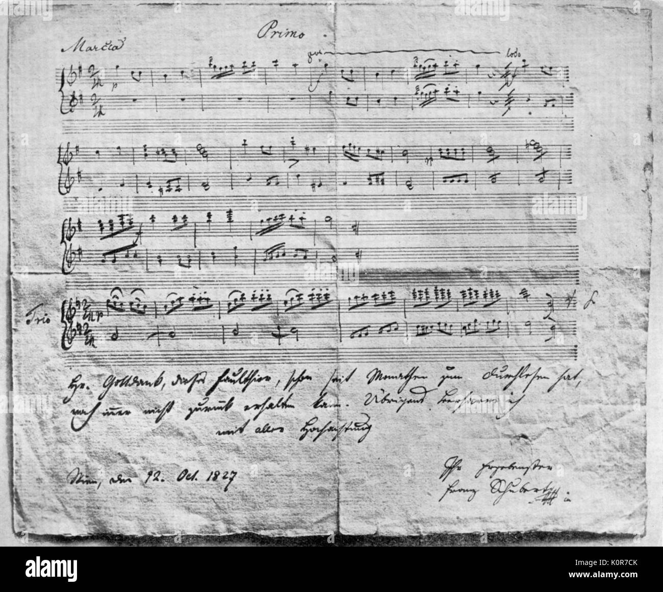 Franz Schubert, manuscrit note pour 4 mars main avec trio (Primo), 12 octobre 1827. FS, compositeur autrichien : 31 janvier 1797 - 19 novembre 1828. Banque D'Images